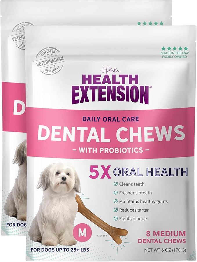 Health Extension Probiotic Dental Bones for Dogs, 8 Medium Bones – Supports Dental Health, Promotes Digestive Health, Ideal for Puppy Training (Pack of 2)