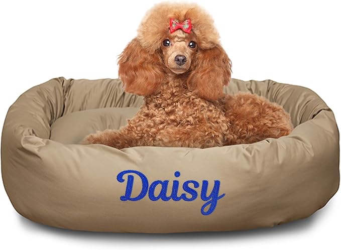 Majestic Pet Personalized Calming Dog Bed - 32 Inch Bagel Washable Cozy Soft Round With Spine Support - Fluffy Donut 32x23x7 (Inch) Medium Khaki