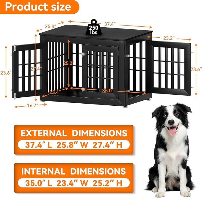 38" Heavy Duty Dog Crate Furniture for Small,Medium and Large Dogs,Rustic Wooden Dog Cage Kennel Indoor Furniture with Waterproof Top,Decorative Pet House Side End Table (Black)