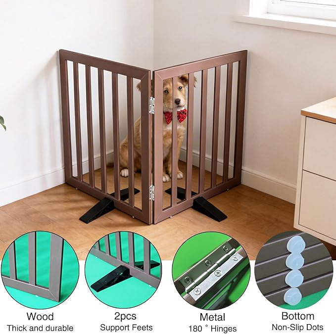 ZJSF Freestanding Indoor Dog Gate for House Foldable Wood Puppy Gate for Doorways Pet Gate for Stairs Extra Wide Pet Fence, Brown, 32" Height 2 Panels