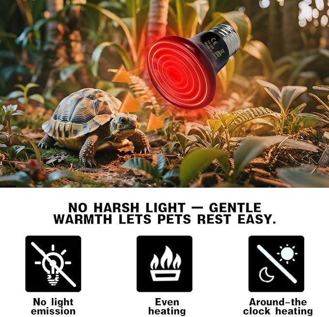 50W Reptile Heat Lamp(2-Pack) Ceramic Heat Emitter- Non-Light Emitting, 24/7 Safe Heating for Terrariums, Brooders & Incubators-Turtle Lizard Bearded Dragon Snake Small Pets E26