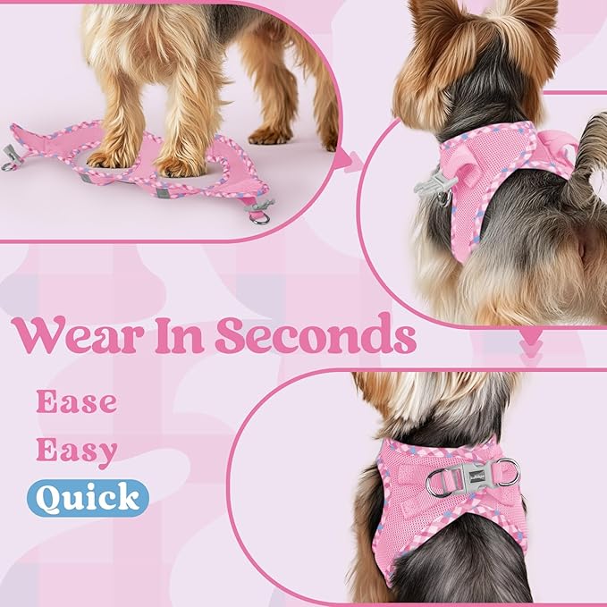 rabbitgoo Small Dog Harness, Step-in Soft Mesh Puppy Vest with Safety Buckle, Breathable Reflective Pet Harness for Small Sized Dogs, Pink & Plaid Trim XS