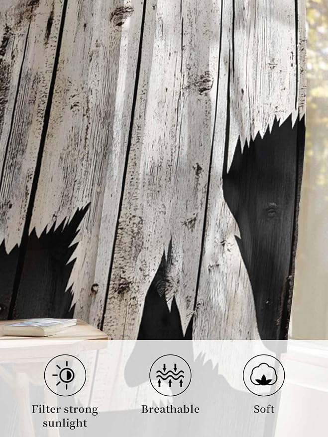 Sheer Curtains 84 Inches Long, Farmhouse Country Rustic Wooden Grain Privacy
