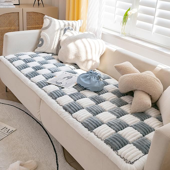 FunnyFuzzy Cream-Coloured Plaid Square Pet Mat Bed Couch Cover, Winter Thickened Dog Bed Cover Pet Blanket Sofa Couch Furniture Protector for Kids Dog Cat(Size:19.6 * 19.6 in,Color:Grey)