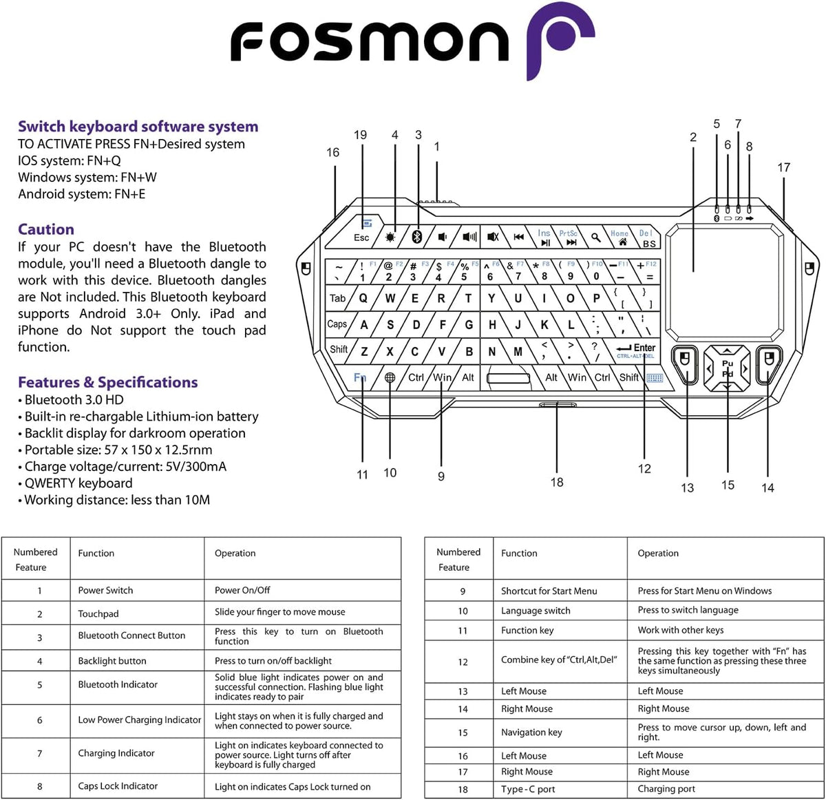 Fosmon Mini Keyboard with Touchpad Mouse, 2.4G Wireless+ Bluetooth, Backlit