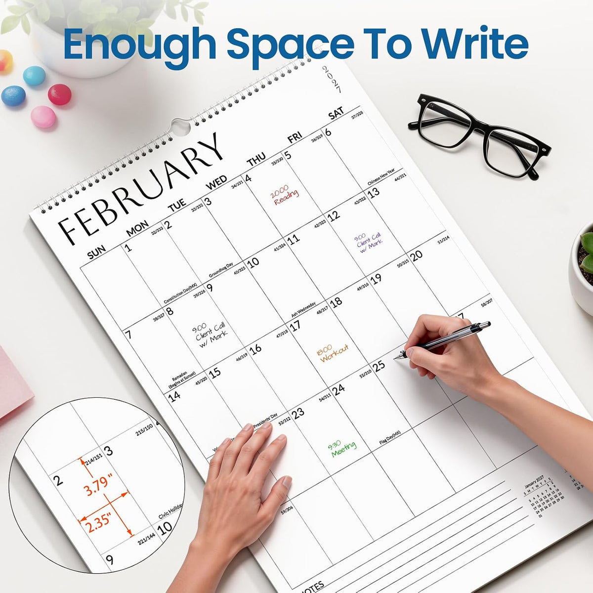 SUNEE 2027 Wall Calendar Extra Large 17"x27", 18 Month Calendar (Ends June 2028),Vertical Monthly for Wall, White Minimalism