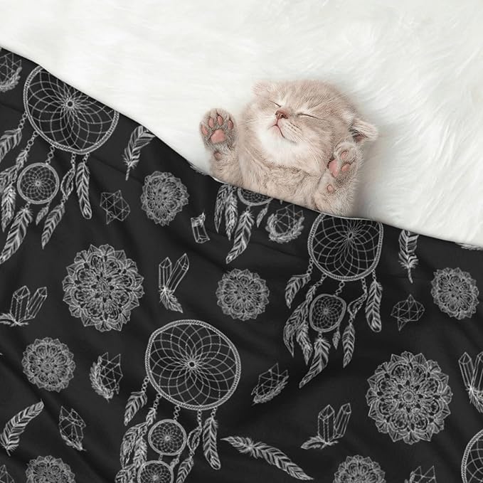 Reversible Dog Blanket for Beds Couches, Black and White Mysterious Dream Catcher, Double Sided Cat Blanket with Textured Dot Feel and Smooth Feel for Seasonal Comfort All Year