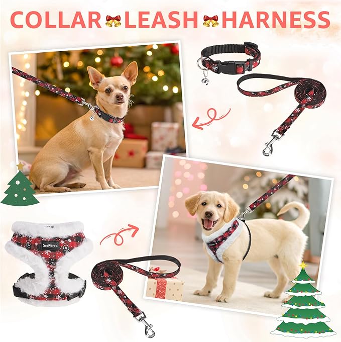 SCENEREAL Dog Christmas Harness Collar and Leash Set, Warm Fleece No Pull Puppy Vest Harnesses No Chock Adjustable Small Pet Halter for Outdoor Walking Training, Black Red Plaid XS