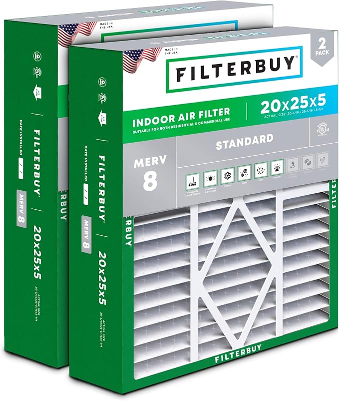 Filterbuy 20x25x5 Air Filter MERV 8 Essential Dust & Allergy Defense, Pleated