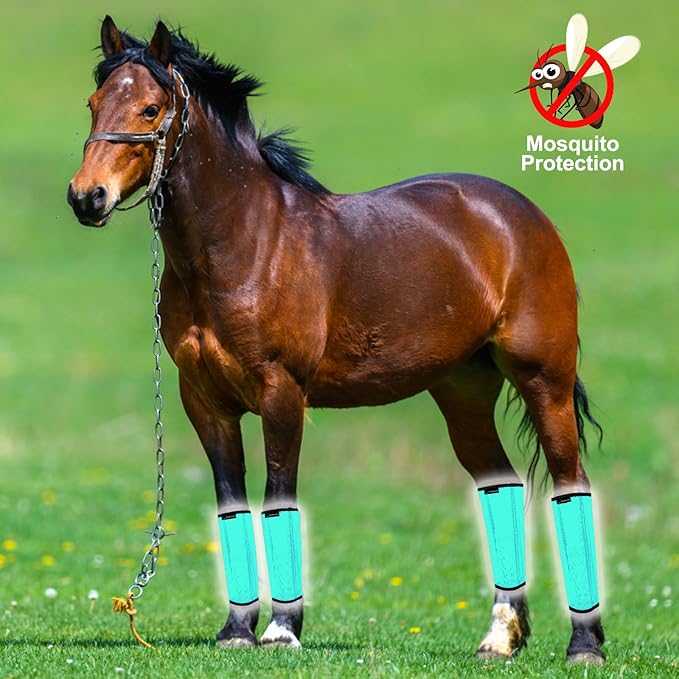 FOXLVDA Horse Fly Boots - Fly Boots for Horses Set of 4, Comfortable Horse Leggings, Mesh Material Design with Metal Support Bars for Reduces Stomping & Leg Fatigue (Green, Large)