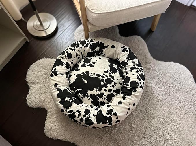 Organic Cotton Canvas Dog Bed: Removable Cover, Natural Fill - Made in USA (Cow Print Black White, X Large 42" x 8" inches)