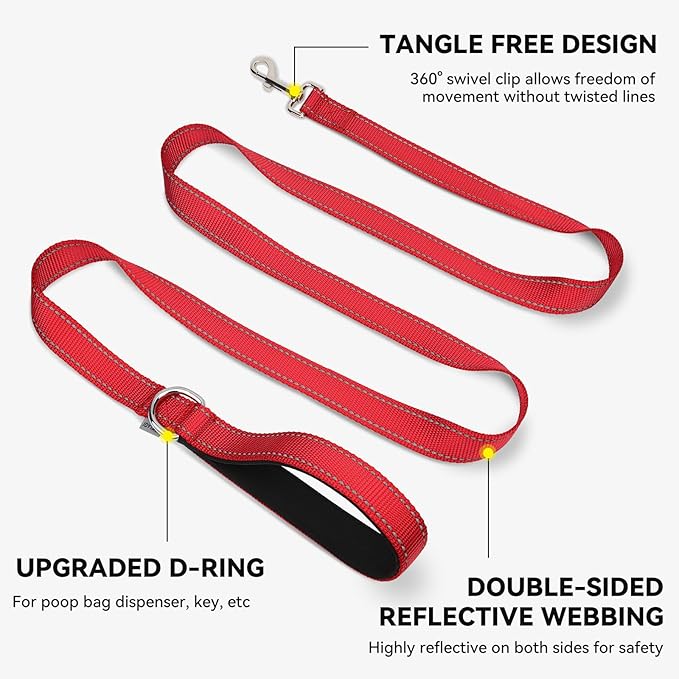 Joytale Dog Leash, 5 FT Double-Sided Reflective, Padded Handle Nylon Heavy Duty Leashes for Medium & Large Dogs Walking, Red