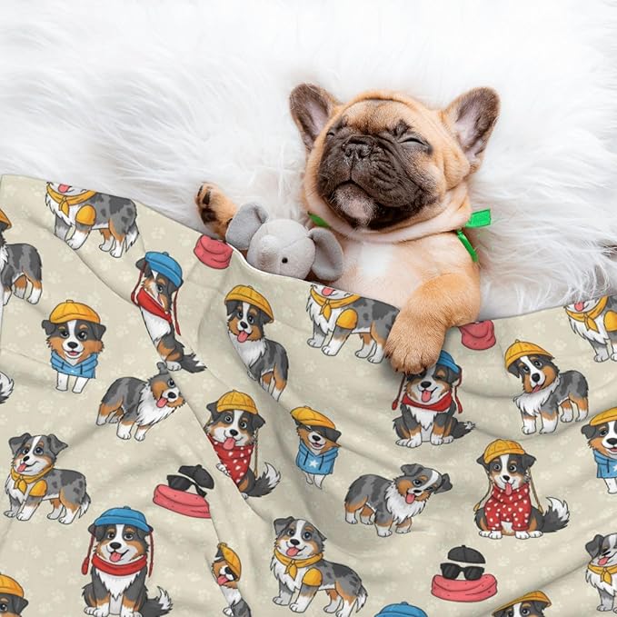 Pet Blanket for Travel and Home, Cute Australian Shepherd Dog and Puppy, Reversible Plush Dot Design with Soft Grip Texture on One Side Perfect for Car Seats Moving Vehicles