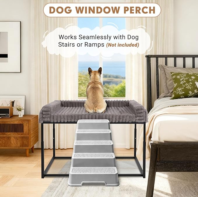 Adjustable Bedside Dog Bed for Large Dogs, Elevated Dog Co-Sleeper with Metal Frame, Memory Foam Mattress & Washable Corduroy Cover, Pet Bedside Sleeper for Dogs & Cats