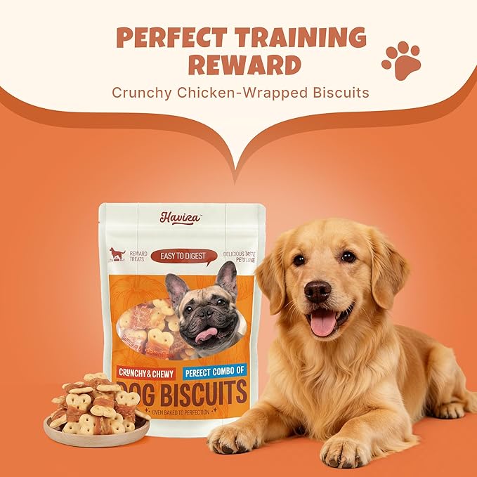 Havira Chicken Wrapped Biscuits Dog Treats, 16oz Crunchy Training Treats for Dogs, Rawhide Free Snacks for Small & Medium Breeds, Pumpkin Flavor
