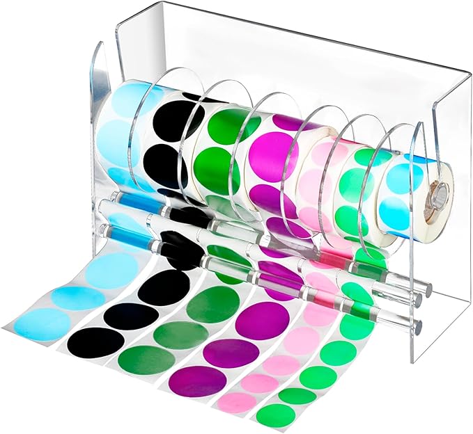 Qilery Adjustable Label Dispenser Acrylic Roll Sticker Dispenser Sticker Holder Organizer Label Stand for Holding Office and Home(7 Disks)