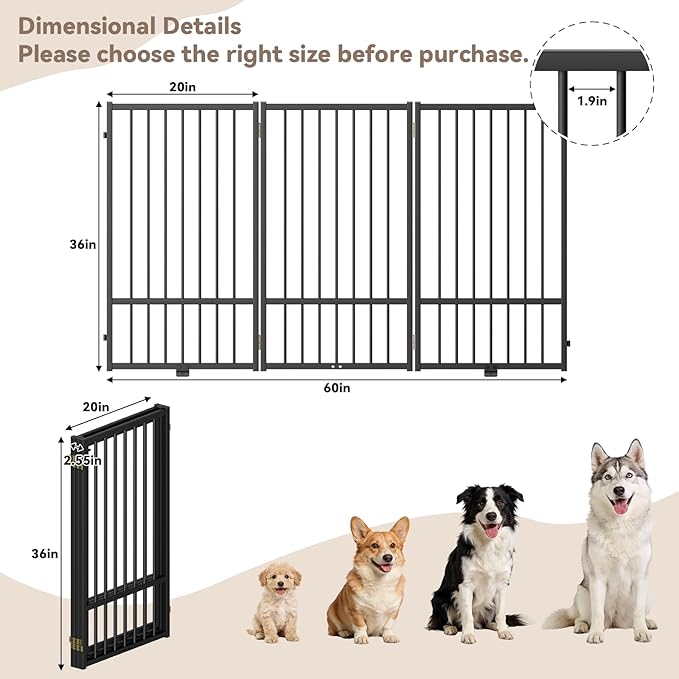 Full Metal Freestanding Dog Gate with Door, 36''Height Foldable Pet Dog Fence for Indoor & Outdoor, 3 Panels Extra Wide Free Standing TallDog Gates for Doorways,House,Stairs,Porch,Deck,Yard