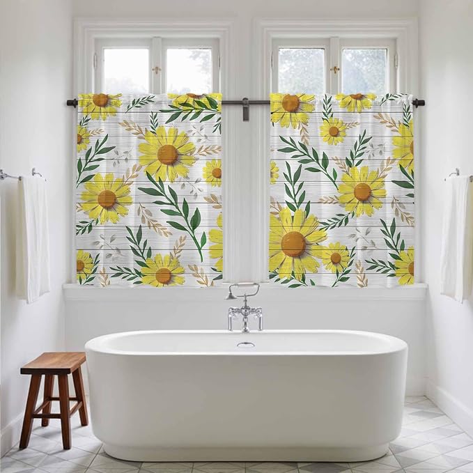 Yellow Daisy Kitchen Curtains, Farmhouse Country Flower Leaf Plant Wood Grain