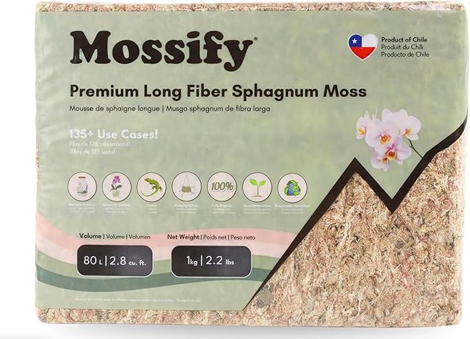 Mossify Premium Sphagnum Moss for Plants 1kg, 2.2 lbs - Long Fiber Moss for Plants Indoor, Orchids, Terrariums, Gardening, Reptiles – Moisture Plant Moss for Propagation, Soil & Habitat Bedding