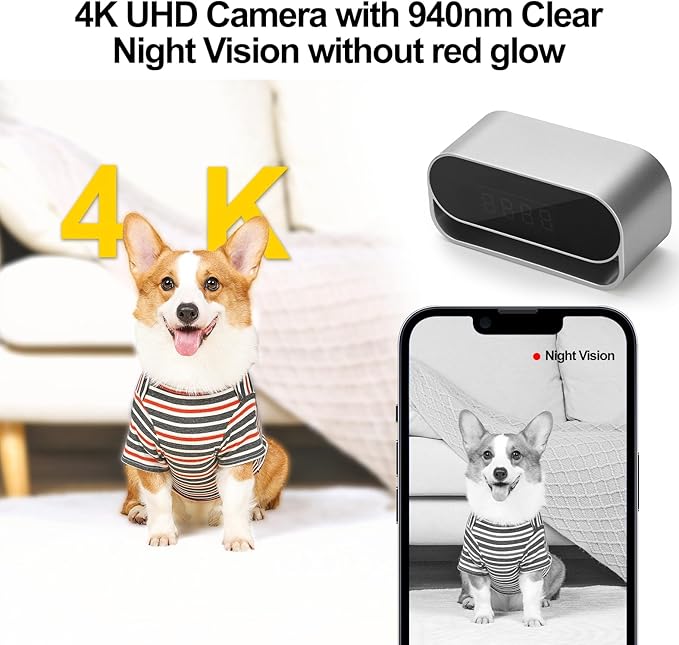 4K Camera Clock with Night Vision Wireless Smart Clock Cam Pet Monitor, Support App Remote & Motion Detection -No Audio