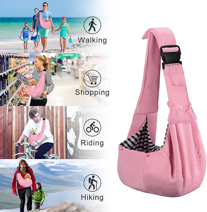 PETLOFT Reversible Dog Cat Sling Carrier, Small Dog Carrier, Adjustable Dog Sling, Hands Free Cross Body Carrier with Collar Hook for Dog/Cat/Bunny up to 11lb (Light Pink)