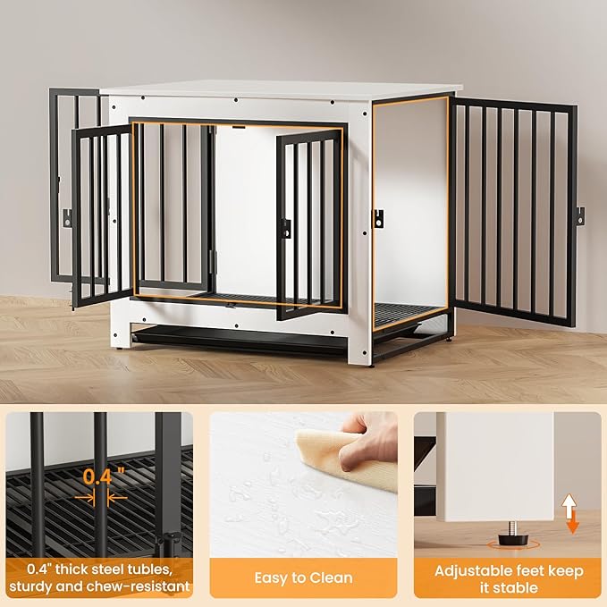 Dog Crate Furniture, 29 Inch Indoor Dog Kennel for Small Dogs Up to 30 LBS, Heavy Duty Wooden Pet Cage End Table with 3 Doors, Alloy Steel Frame & Removable Tray