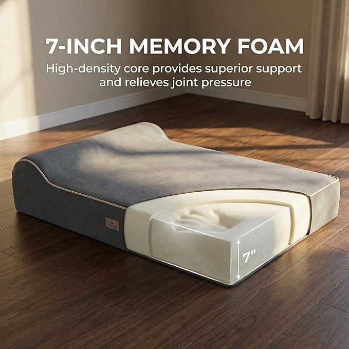 Jumbo Orthopedic Dog Bed for Large Dogs - 7-inch Thick Memory Foam Dog Bed with Pillow Removable Cover Machine Washable, Giant | 50 inch, Brown