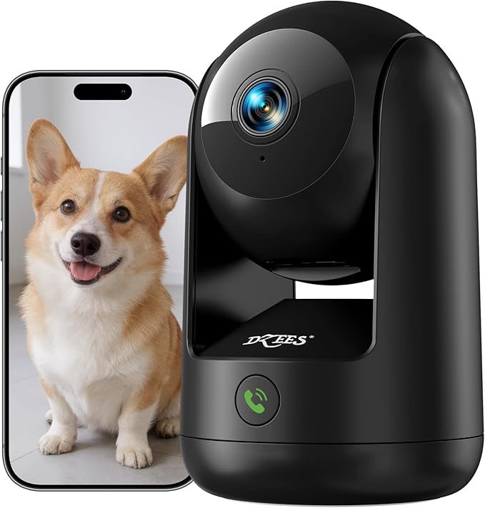 Dzees 2K Indoor Security Camera, 360 Degree WiFi Pet Camera with Phone App, 5G and 2.4G, Wired Home Camera with 2-Way Audio, Motion Tracking, Night Vision, Black, 1 Pack