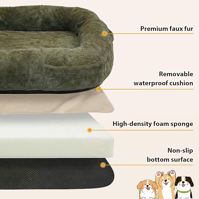 Human Dog Bed, 71 x 47 x 12 in Washable Extra Large Dog Bed for People, Giant DogBed with Storage Pockets, Green