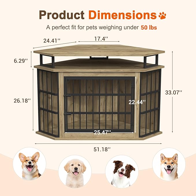 51" Corner Dog Crate Furniture, Wooden Dog Kennel Furniture with 2-Tier Shelves, Decorative Wood Dog House for Small/Medium/Large Dog, Space-Saving Dog Cage for TV Stand（Oak）