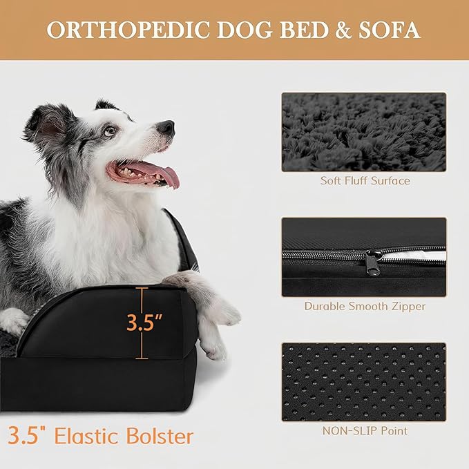 Comfort Expression Orthopedic Dog Bed for Medium Dogs 28x19 Inch, Waterproof Supportive Egg Crate Foam Medium Pet Bed with Removable Bolsters, Dog Couch with Washable Cover & Non-Slip Bottom, Black