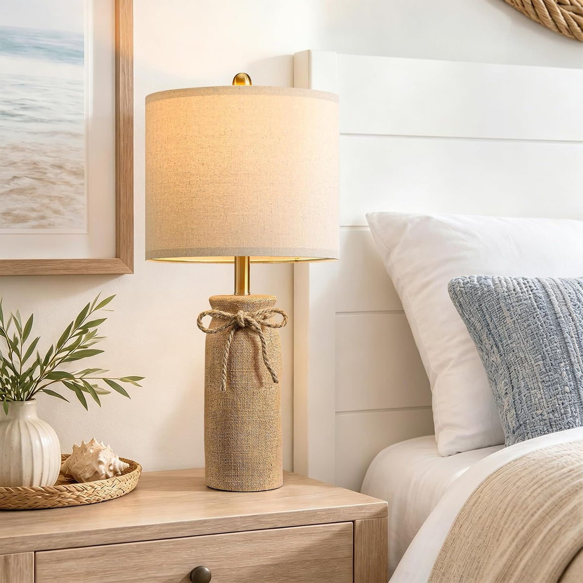 BOBOMOMO Boho Table Lamps for Living Room Set of 2, 25.5" Coastal Farmhouse Bedside Table Lamps for Nightstands, Resin Woven Rattan-Look Lamps for Bedroom, Entry Way, Rustic Home Decor