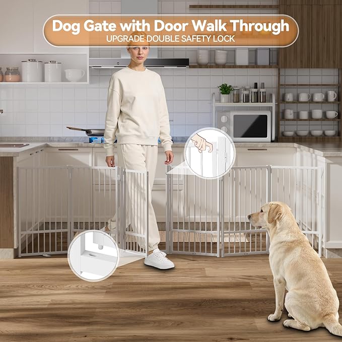 Full Metal Freestanding Dog Gate with Door, 32''Height Foldable Pet Dog Fence for Indoor & Outdoor, 6 Panels Extra Wide Free Standing TallDog Gates for Doorways,House,Stairs,Porch,Deck,Yard