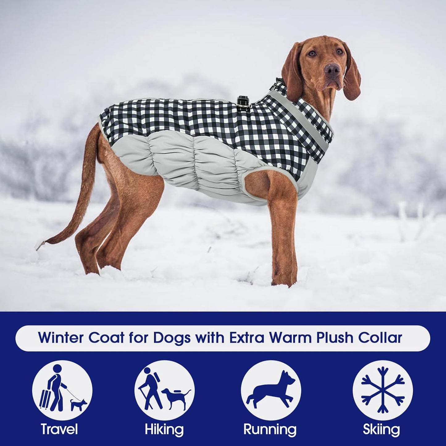 FUAMEY Dog Coat for Large Dogs,Waterproof Dog Winter Jacket with Harness Built in Puppy Cold Weather Coats Reflective Pet Vest with Zipper Warm Fleece Dogs Snowsuit Windproof Checkerboard L