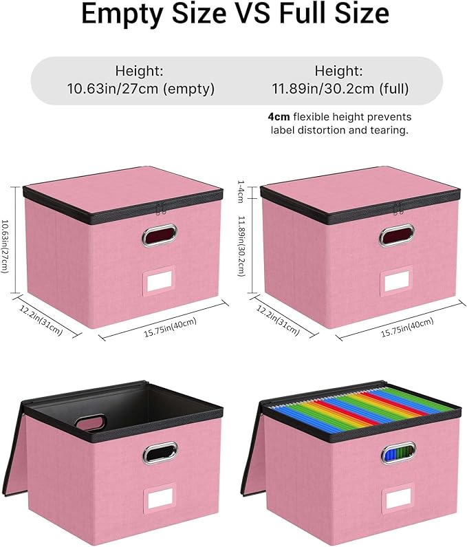 Oterri 2 Pack Large File Organizer Boxes with Lids, File Box with Mesh Pockets, Document Organizer Box for Legal/Letter Size Folders, Zippers Important Document Organizer (Pink, Without Folders)