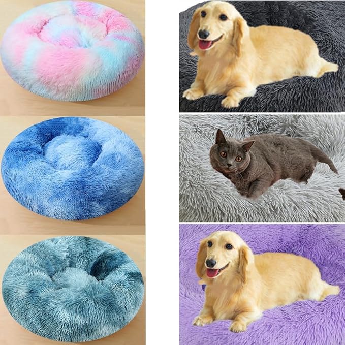 Large Calming Dog Bed, 47 Inch Anti-Anxiety Donut Dog Cuddler Cat Bed, Warming Cozy Soft Dogs Round Bed, Fluffy Faux Fur Machine Washable Pet Cushion for Medium Large Dogs & Cats (Blue White)