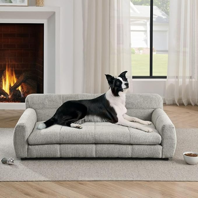 Modern Pet Sofa Bed for Large Dogs Up to 130lbs, Luxurious Living Room Dog Couch with Supportive Backrest and Armrests, Easy-to-Clean Linen Fabric Elevated Pet Furniture