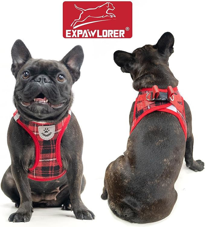 EXPAWLORER Classic Plaid Puppy Harness - Small Dog Harness and Leash Set - Dog Collar and Leash Set with AirTag Holder, Soft Padded Step in Dog Vest Harness No Pull Reflective for Outdoor, Red S