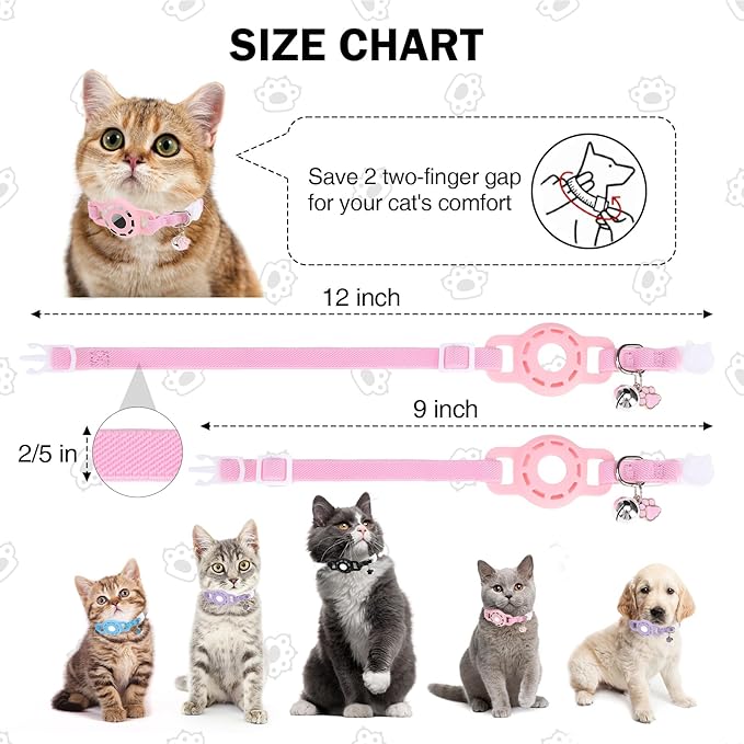 Airtag Cat Collar Breakaway, Stretchy Cat Tracker Collar with Apple Air Tag Holder for Boy Girl Cats, Elastic GPS Tracking Collars for Kittens and Puppies, Adjustable 9"-12" Pink
