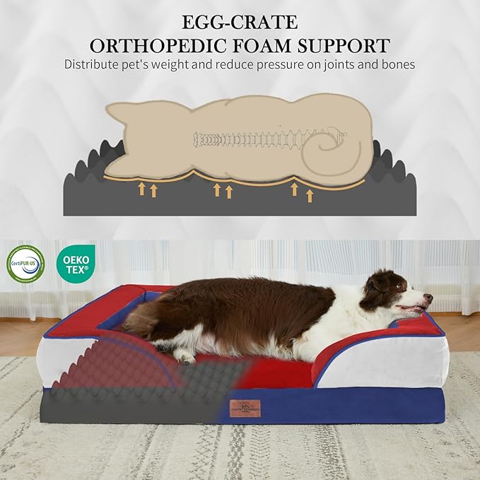 Comfort Expression Orthopedic Dog Bed for Extra Large Dogs 45x35 Inch, Waterproof Egg Crate Foam XL Pet Bed with Removable Bolsters, Dog Couch with Washable Cover & Non-Slip Bottom, American Flag 2