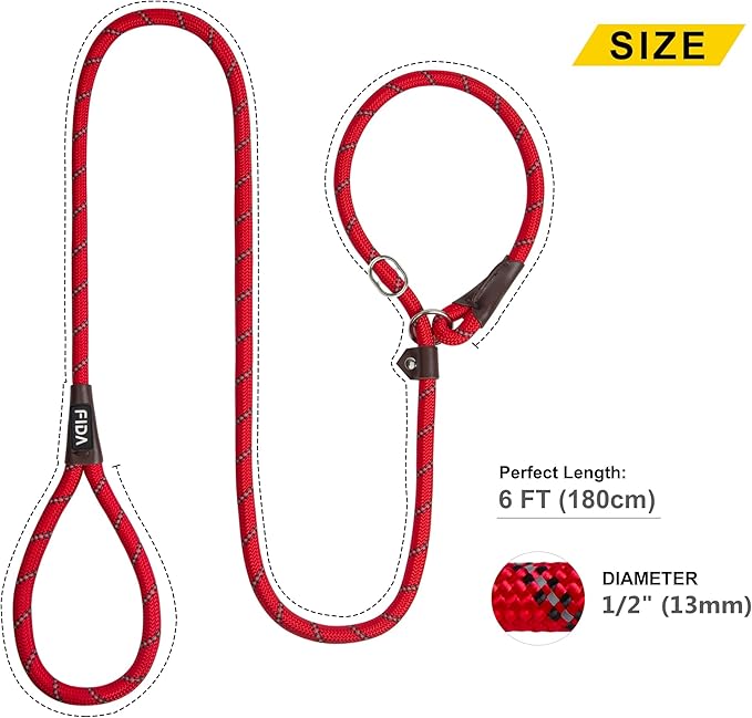 Fida Durable Slip Lead Dog Leash, 6 FT x 1/2" Heavy Duty Comfortable Strong Rope Slip Lead for Large, Medium Dogs, No Pull Pet Training Leash with Highly Reflective, Red
