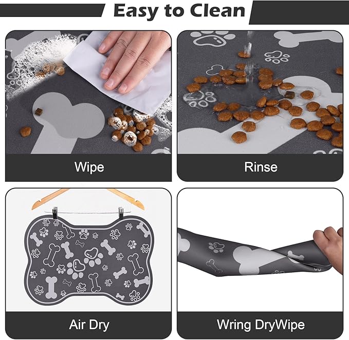 Dog Cat Food Mat,Rapid Absorbent Pet Feeding Mat, Bone Shaped Dog Placemat Water Bowl Mat with Rubber Backing,No Stains Dog Cat Food Mats Indoor, Pet Accessories Supplies 23"x36" Dark Grey