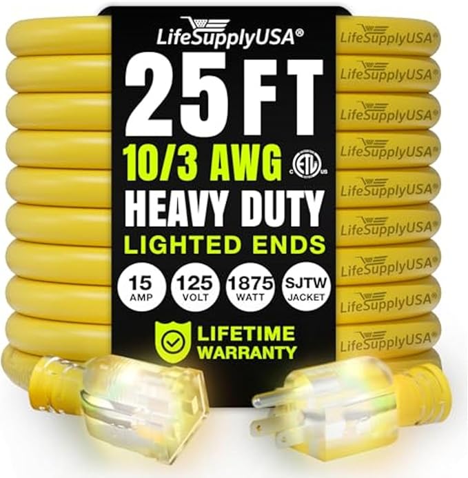 25ft Outdoor/Indoor Extension Cord 10/3 Gauge Ultra Heavy Duty 3 Prong SJTW, Waterproof, ETL Listed, Flexible Cold-Resistant Long Power Cord,15A 125V 1875W, Yellow by LifeSupplyUSA