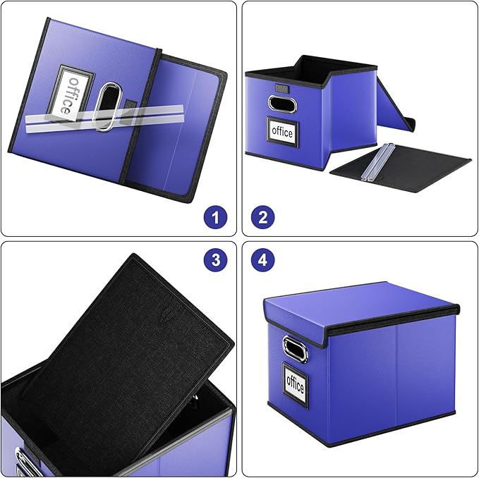 Huolewa Decorative Leather File Organizer Storage Boxes with Lids Set of 4, Document Boxes Organizer, Filing Boxes, Decorative Small File Boxes for Hanging Files, File Cabinet for Office/Home - 4 Pack