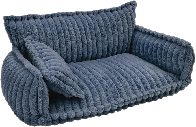 Pet Couch Bed for Dog and Cat, Plush Calming Couch for Pets with Removable Washable Cover, Modern Sofa Style Pet Bed for Home Living Room (Dark Blue)