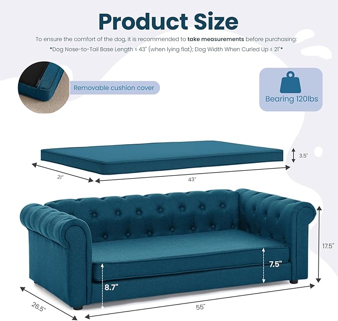 Elevated XL Large Dog Sofa with Backrest and Armrests, 55" Button Tufted Dog Couch Bed with Soft Cushion for Large Dogs, Stylish Lounging Bed Pet Couch Chair, 120Lbs Weight Capacity, Dark Blue