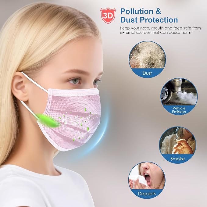 NNPCBT Pink Disposable Face Masks 100 Pack, 3-Ply Breathable Mask