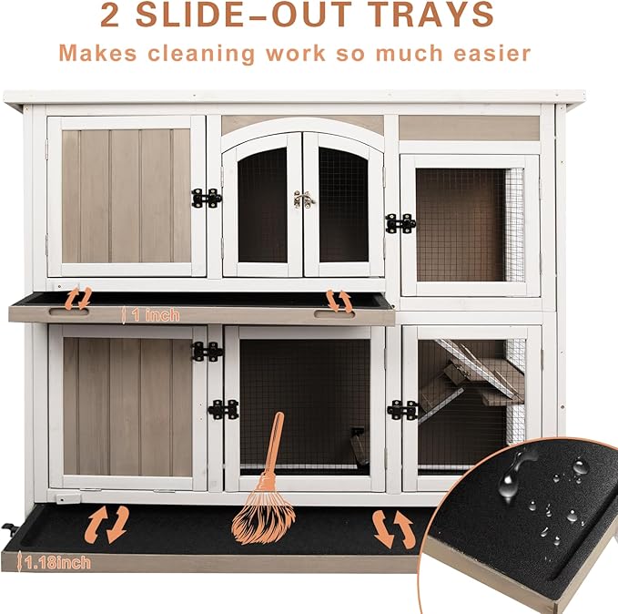 47"L Rabbit Hutch Indoor Wooden 2 Story Rabbit Large Bunny Hutch Outdoor Bunny Cage on 4 Metal Wheels and 2 Deeper Pull Out Trays, Ramp,Guinea Pig Pet House for Small to Medium Animals,Grey