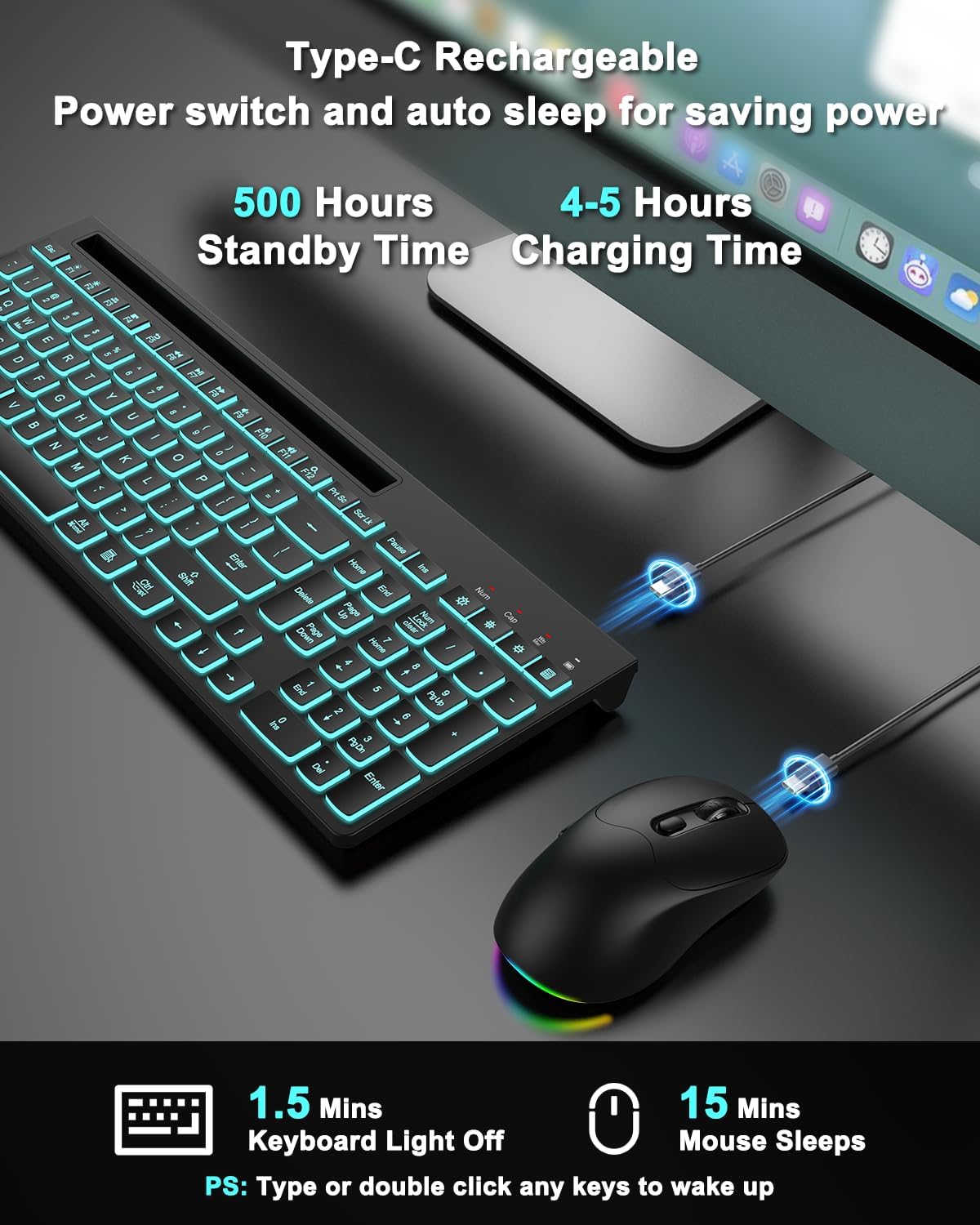 Wireless Keyboard and Mouse Combo, 7 Backlit Effects, Light Up Letters