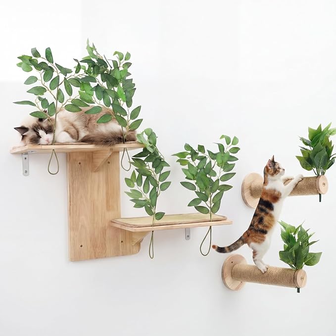 Novabright 3 Pcs Cat Wall Shelves Set, Double-Layer Platform Cat Wall Furniture & 2 Wood Scratching Steps, Wall-Mounted Space-Saving Climbing System for Indoor Kitty, Easy Install